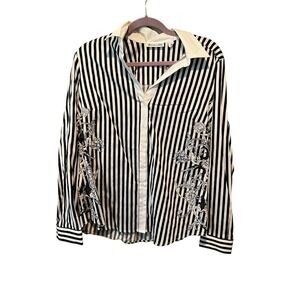 New York & Company 7th Avenue Button-Up Shirt Women L White Stripped Long Sleeve